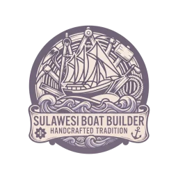 Sulawesi Boat Builder crest: a phinisi under sail above a banner reading Handcrafted Tradition